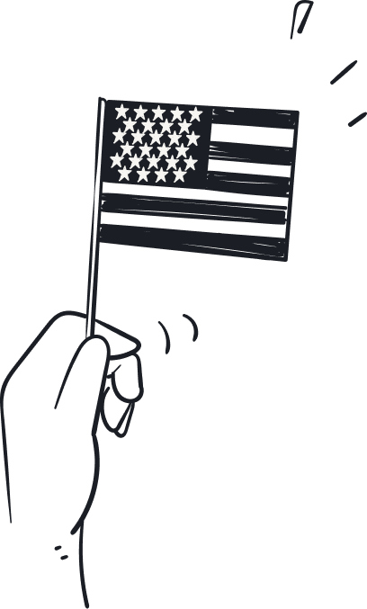 Line drawing of a hand holding a small American flag