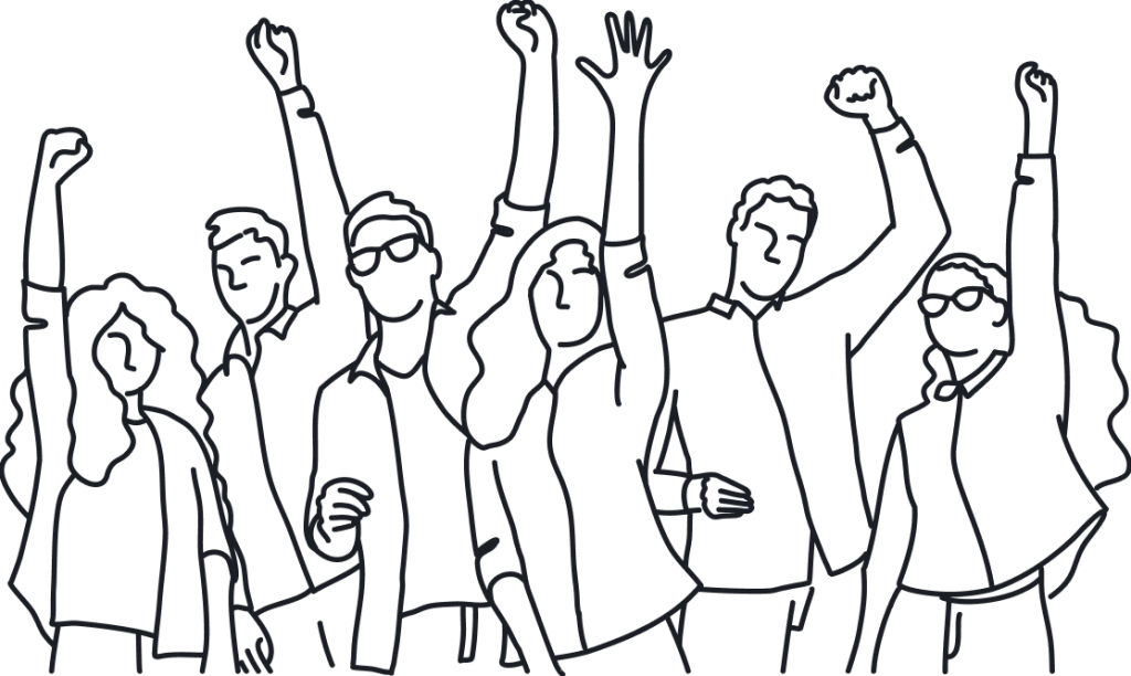 Line drawing of people with fists raised